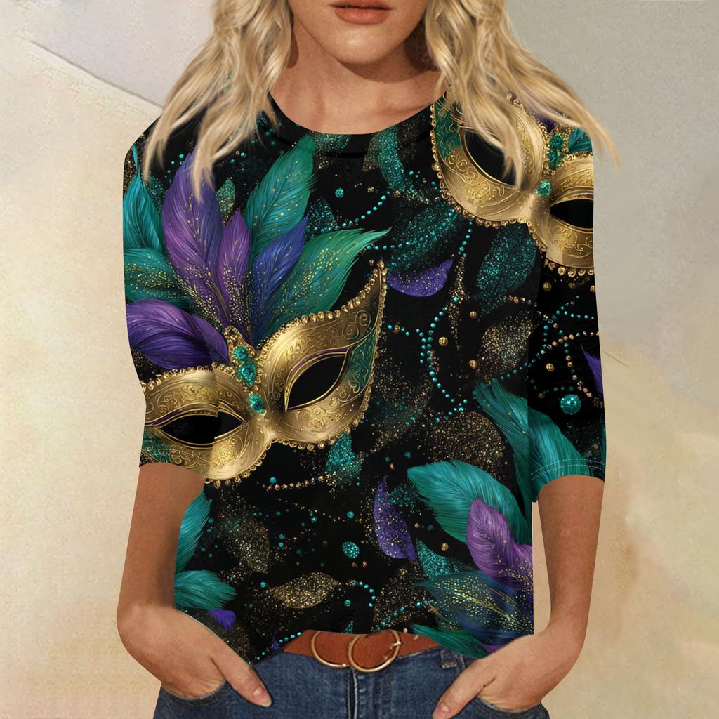 Women's Fashion Casual Round Neck Three-quarter Sleeve Carnival Print T-shirt Top