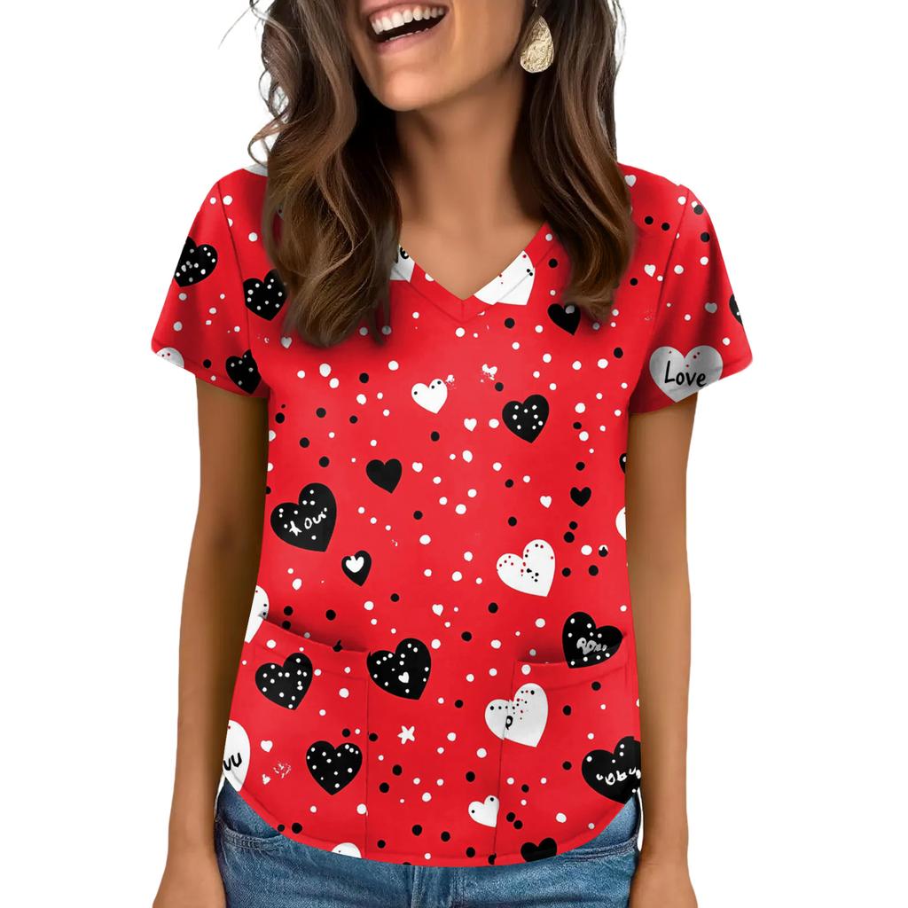 Damen V-Ausschnitt Valentinstag Bedrucktes Kurzarm-Top mit Taschen und Seitenschlitzen, geeignet für Pflegekräfte.
