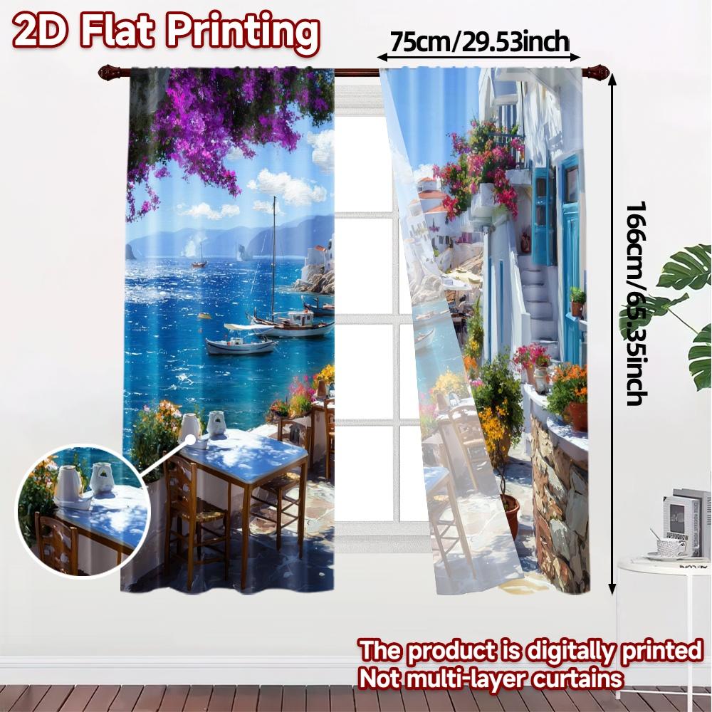 Modern Flat Printing Curtains Without Rod Seaside Serenity Window Curtain Polyester Decorations Set Of 2 Made