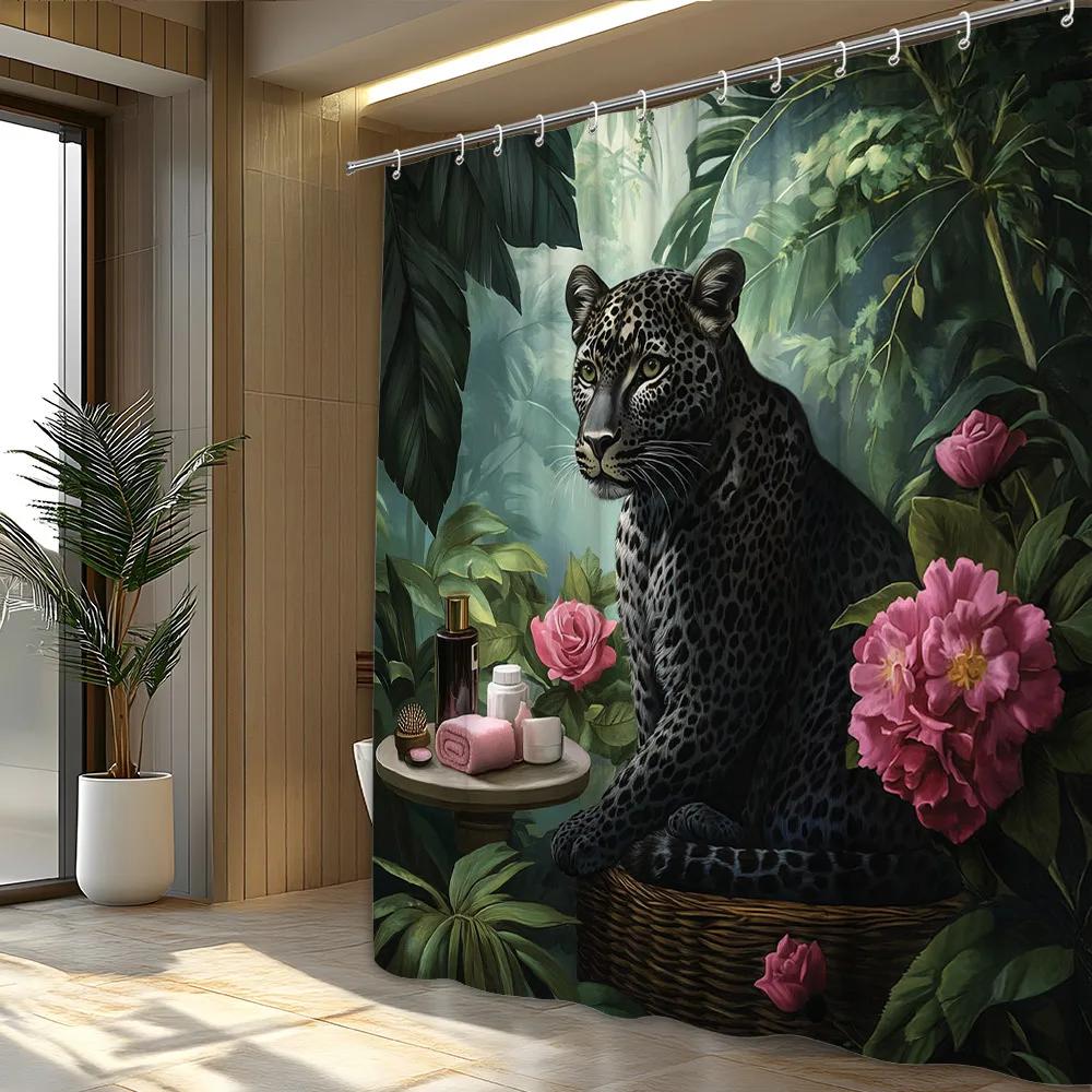 1pc Majestic Black Leopard in Wicker Basket Shower Curtain - Tropical Plants & Pink Flowers Design, Polyester Fabric Bathroom