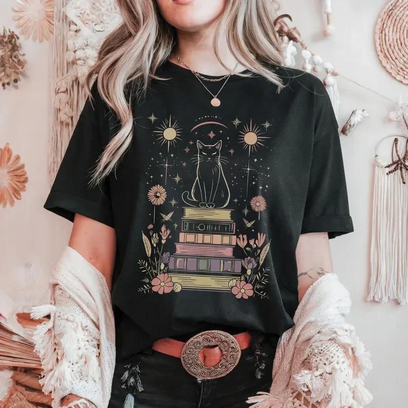 Mystical Cat Shirt Witchy Moon and Stars Tee Celestial Floral Book Lover T-Shirt S
