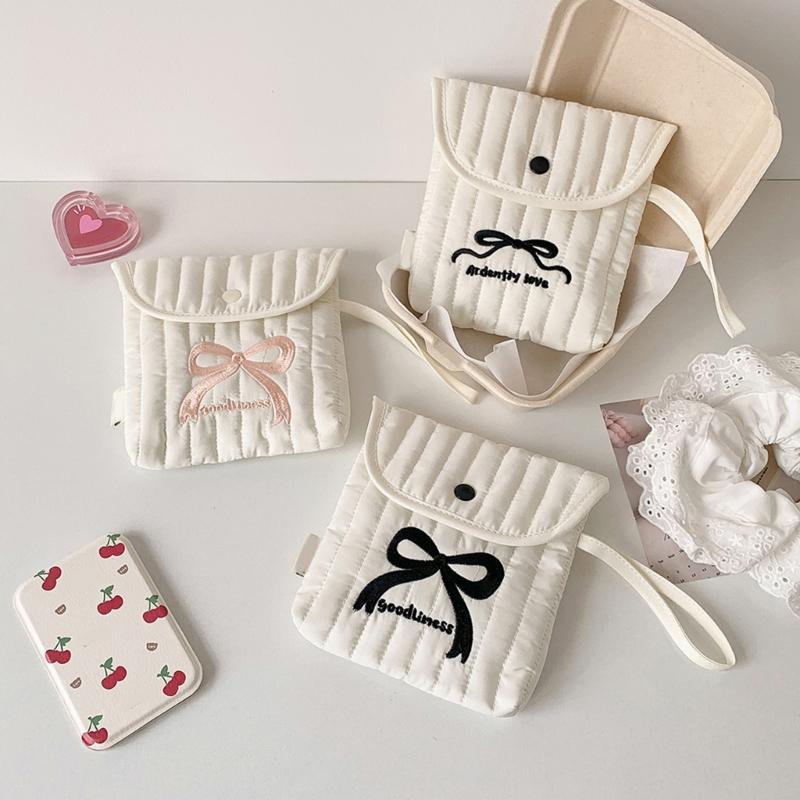 Stylish Cotton Polyester Period Essential Bag With Decorative Bows Design Compact Cosmetic Organizer For Women Girls