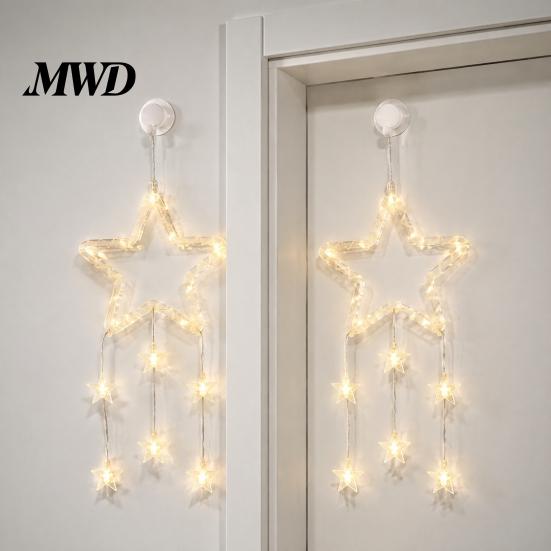 New Year Festive Atmosphere Light LED Christmas Window Star Decoration, Battery Operated Hanging Warm Non Punching Wall Ornament Lighted Shaped