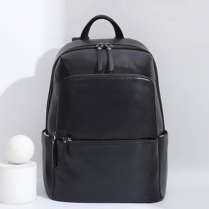 Smooth Leather Unisex Backpack Large Capacity Laptop Travel Rucksack чёрный