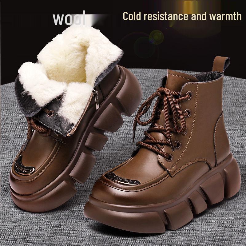 Women's Genuine Leather Fur-Lined Snow Boots with Thick Sole