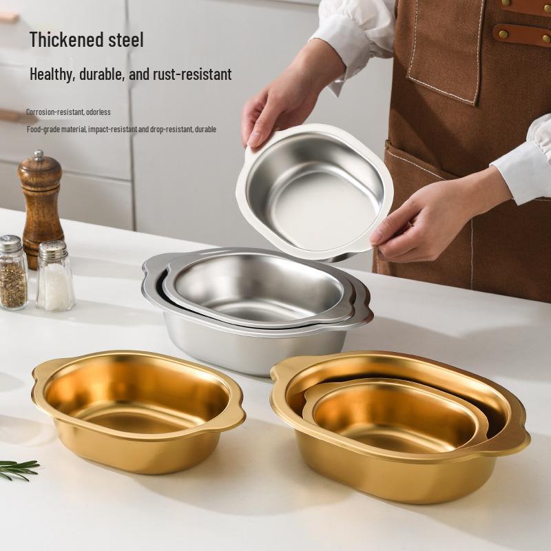 Korean Stainless Steel Oval Ramen Bowl & Salad Plate Combo for Cooking and Serving.