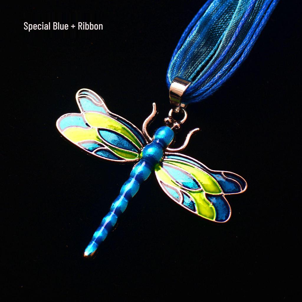 Silver Dragonfly Necklace with Luminous Butterfly - Retro Forest-Inspired