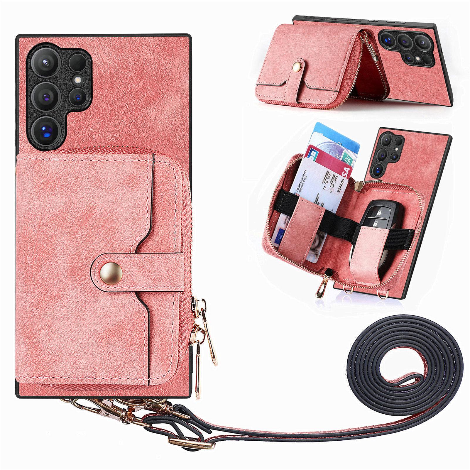 

For Samsung Galaxy S25 Ultra PU Leather Phone Back Cover with Zipper Card Holder and Long Strap Pink