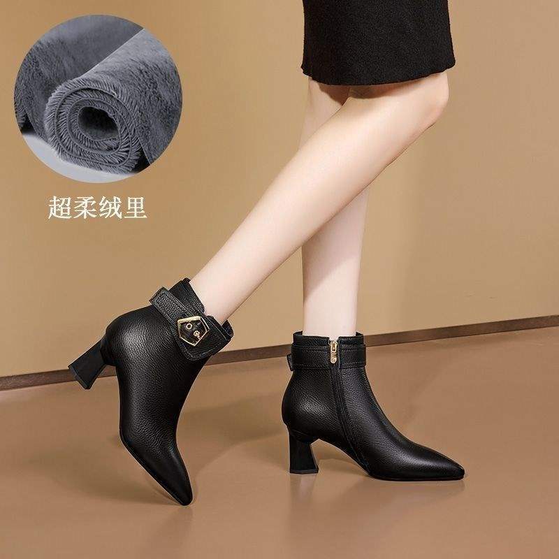 Krótkie buty damskie na grubym obcasie, szpiczaste, jesienno-zimowe, nowe, modne buty na wysokim obcasie, welurowe, stylowe buty damskie