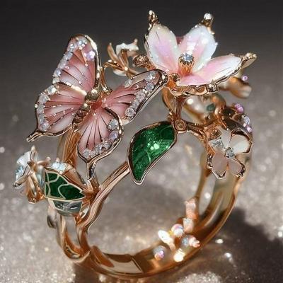 Colorful European Enamel Butterfly & Flower Leaf Open Ring