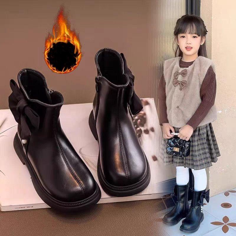 Girls' Fashion Boots for Autumn and Winter, Children's Fleece Princess Leather Boots