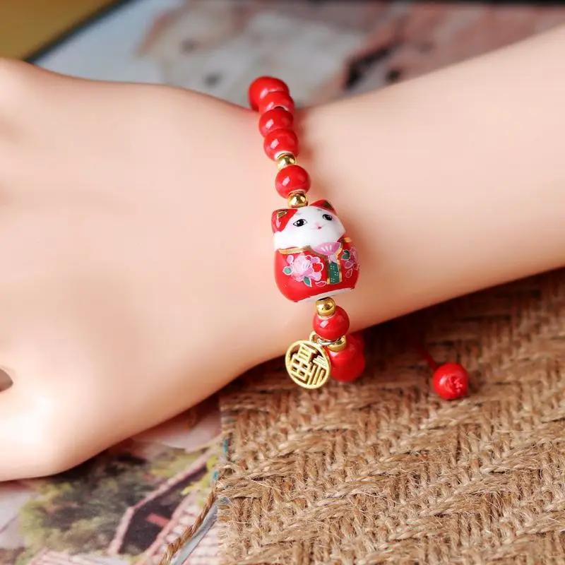 

Chinese Style Cute Charm Sweet Cartoon Design Sense Ceramic Fortune Cat Fu Bracelet Originality Wish Men Women Trend String красный