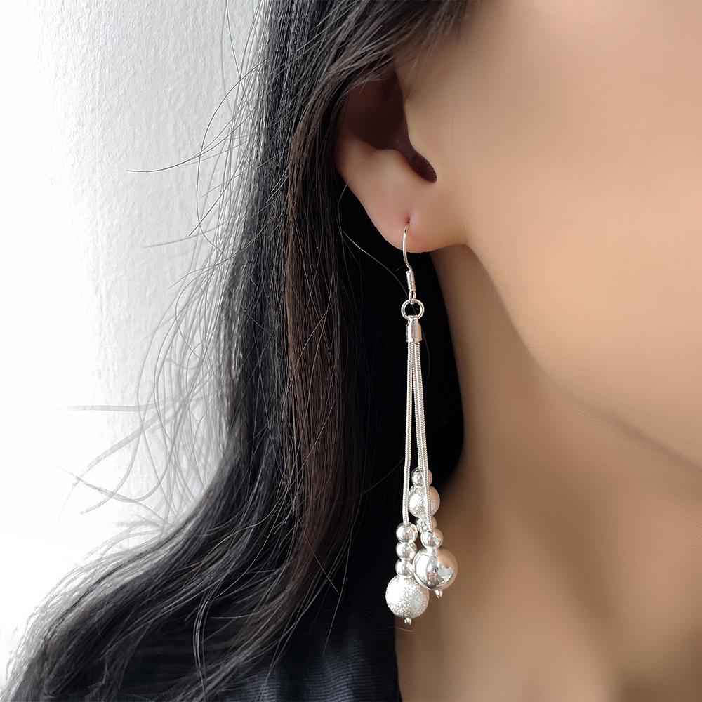 Japanese korean Fashion Sand Bead Tassel Silver Plated Ear Hook Jewelry Three-line multi-bead earrings