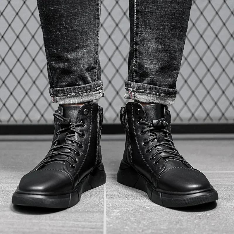 Men's Boots Black Genuine Leather Business Short Boots New Winter British Fashion Plush Flat Shoes Trend Casual Shoes Soft