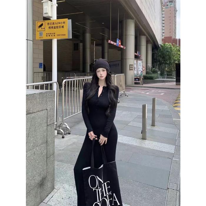 High-end Korean Version of Long-sleeved Knitted Dress, Slim-fitting Temperament Hip-wrapped Skirt, Casual Waist and Thin Skirt