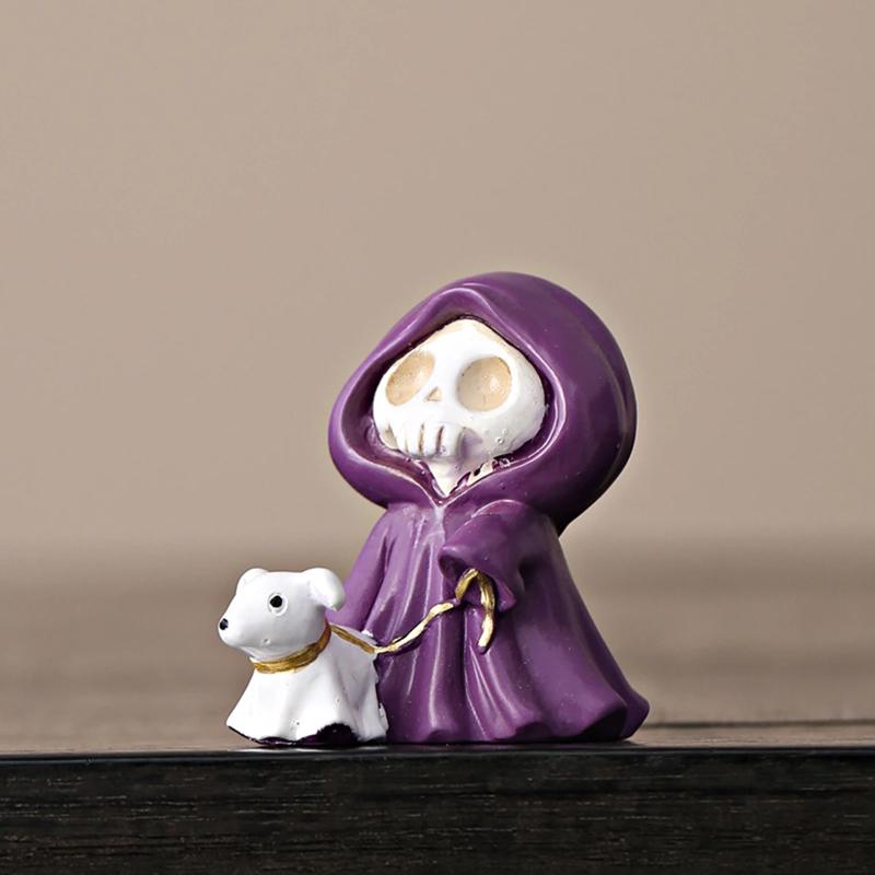 2026 New Wonderful Cute Grim Reaper Decor with Dog - Halloween Resin Ghost Figurine, Purple Cloak Death Statue for