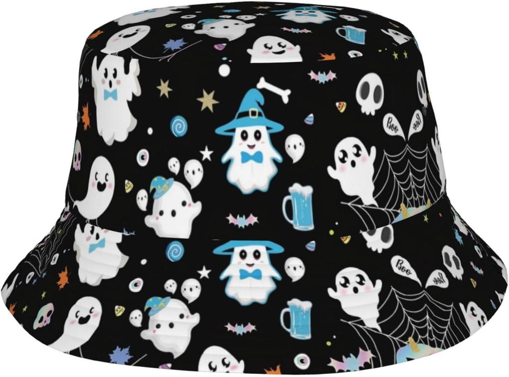 Cute Halloween Ghost Bucket Hat Fashion Beach Sun Wide Brim Cap Outdoor Fisherman Hats For Women Men