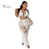 Halter Neck Top with Tassel Pants 2 Pcs/Set Women Crop Set Hollow Out Lace-up Summer Outfit Beach Vacation Bra High Waist Ripped Knitted Trousers And