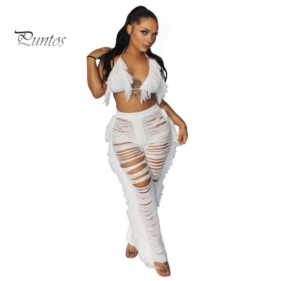 Halter Neck Top with Tassel Pants 2 Pcs/Set Women Crop Set Hollow Out Lace-up Summer Outfit Beach Vacation Bra High Waist Ripped Knitted Trousers And