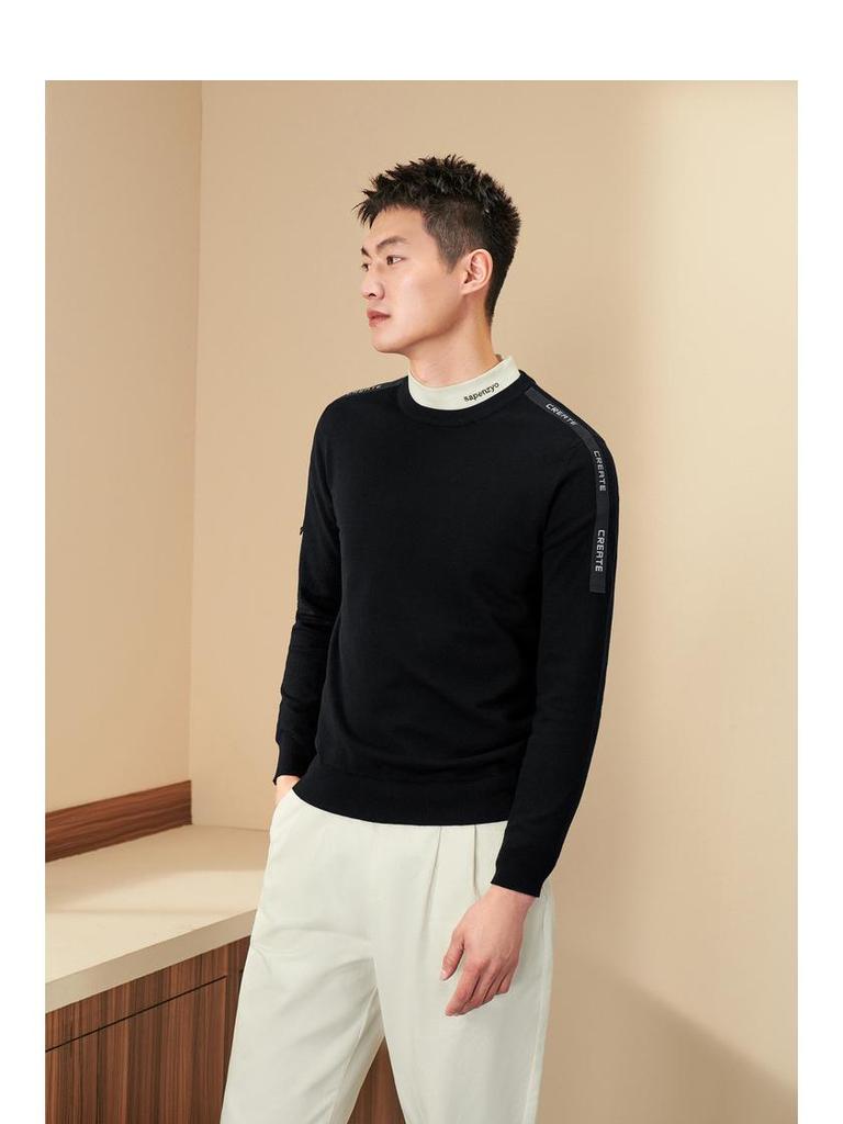 Autumn Men's Slim Fit Crew Neck Knit Sweater with Letter Ribbon Detailing