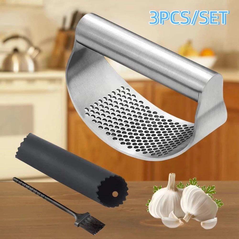 Poignée Ergonomique Acier Inoxydable Presse-Ail Set Éplucheur d'Ail Manuel Écraseur d'Ail Restaurant