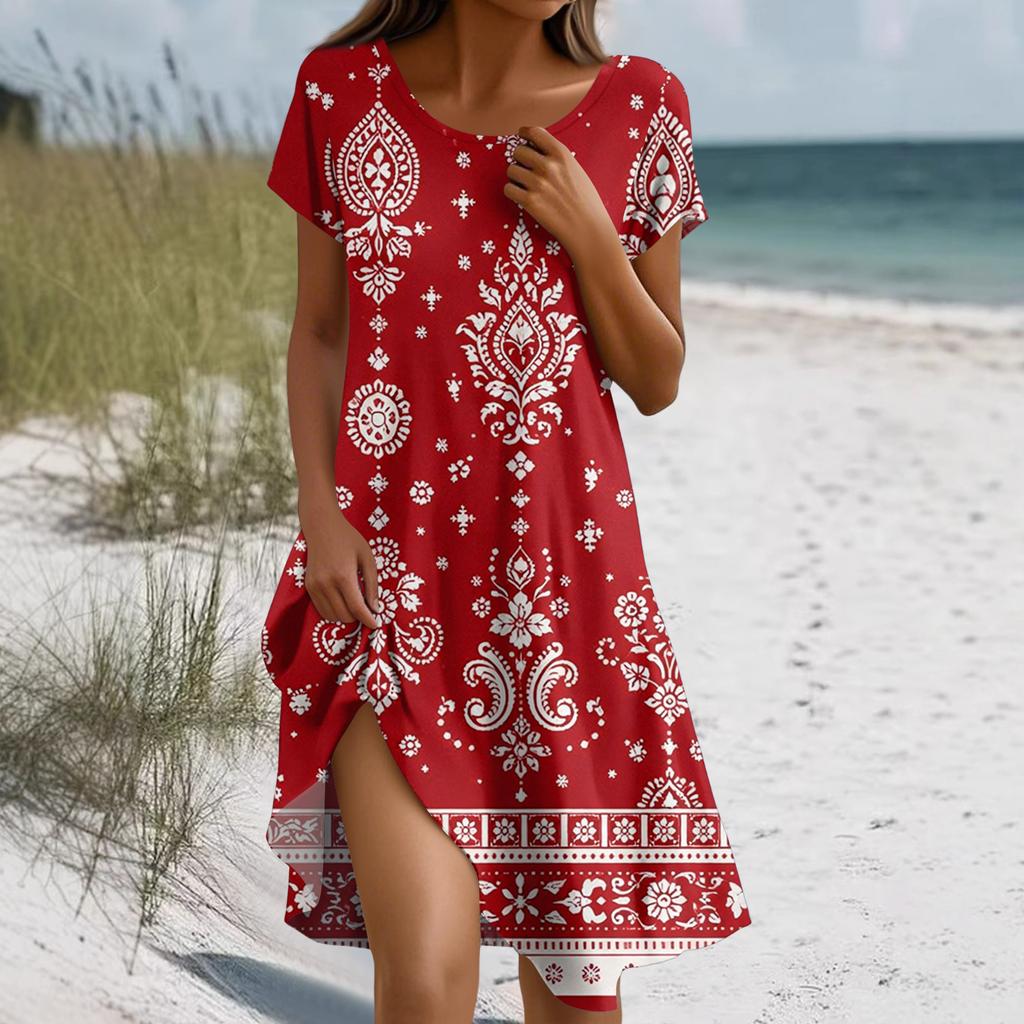 Kurzärmeliges Boho-Kleid für Damen, lässig, lockere Passform, Sommerkleid mit Blumendruck und Taschen