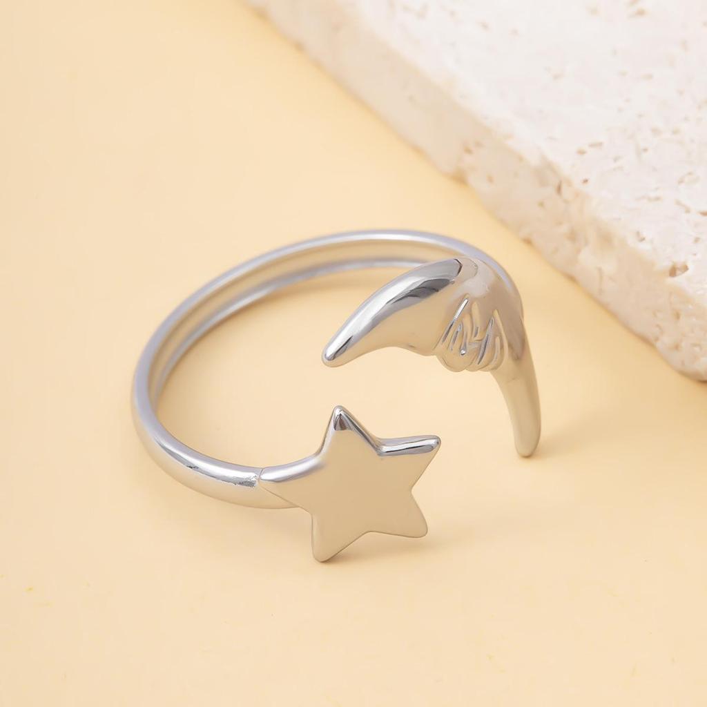 Adjustable Stainless Steel Star and Moon Open Ring Design