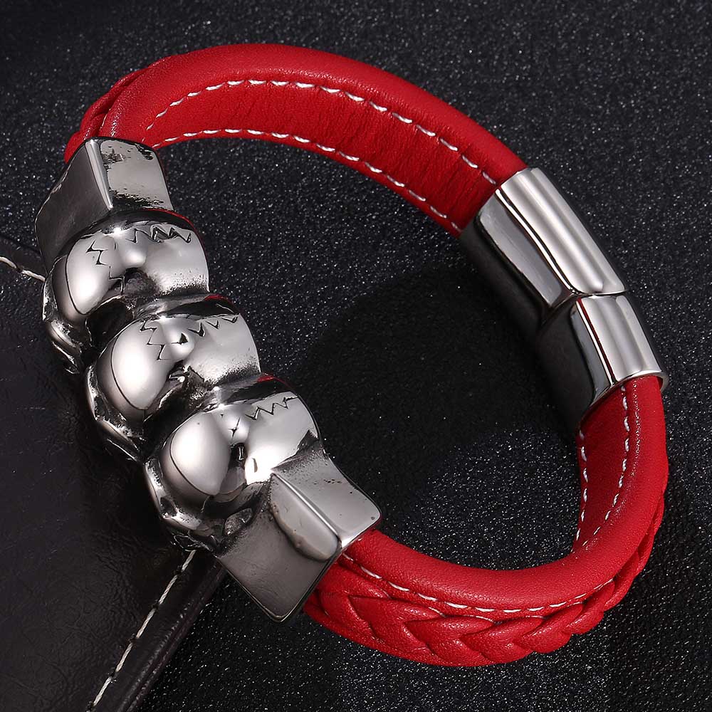Fashion Charm Skull Stainless Steel Leather Braided Men Bracelet Jewelry Skull Punk Bangles Accessories