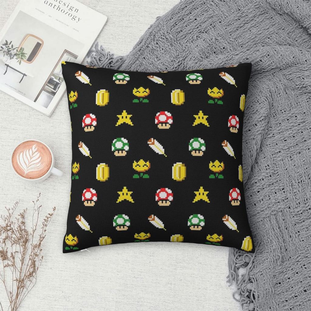 Marios Pixel Retro Power Ups Pattern Art Square Pillow Case Polyester Throw Pillow Super Mario Customized Pillowcover Home Decor