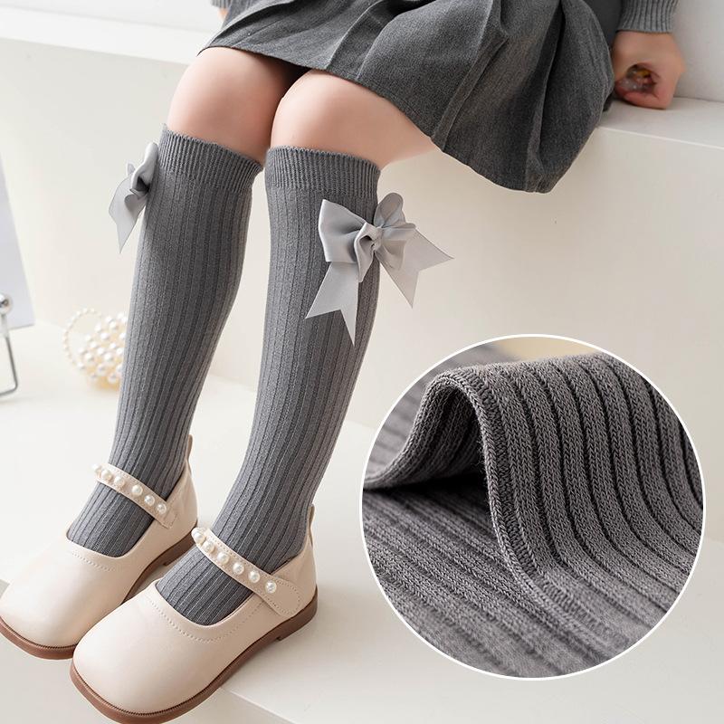 Spring Autumn Baby Children Girl Socks Solid Color Stockings School Student Uniform Knee High Long Sock Kids Princess Bow Socks