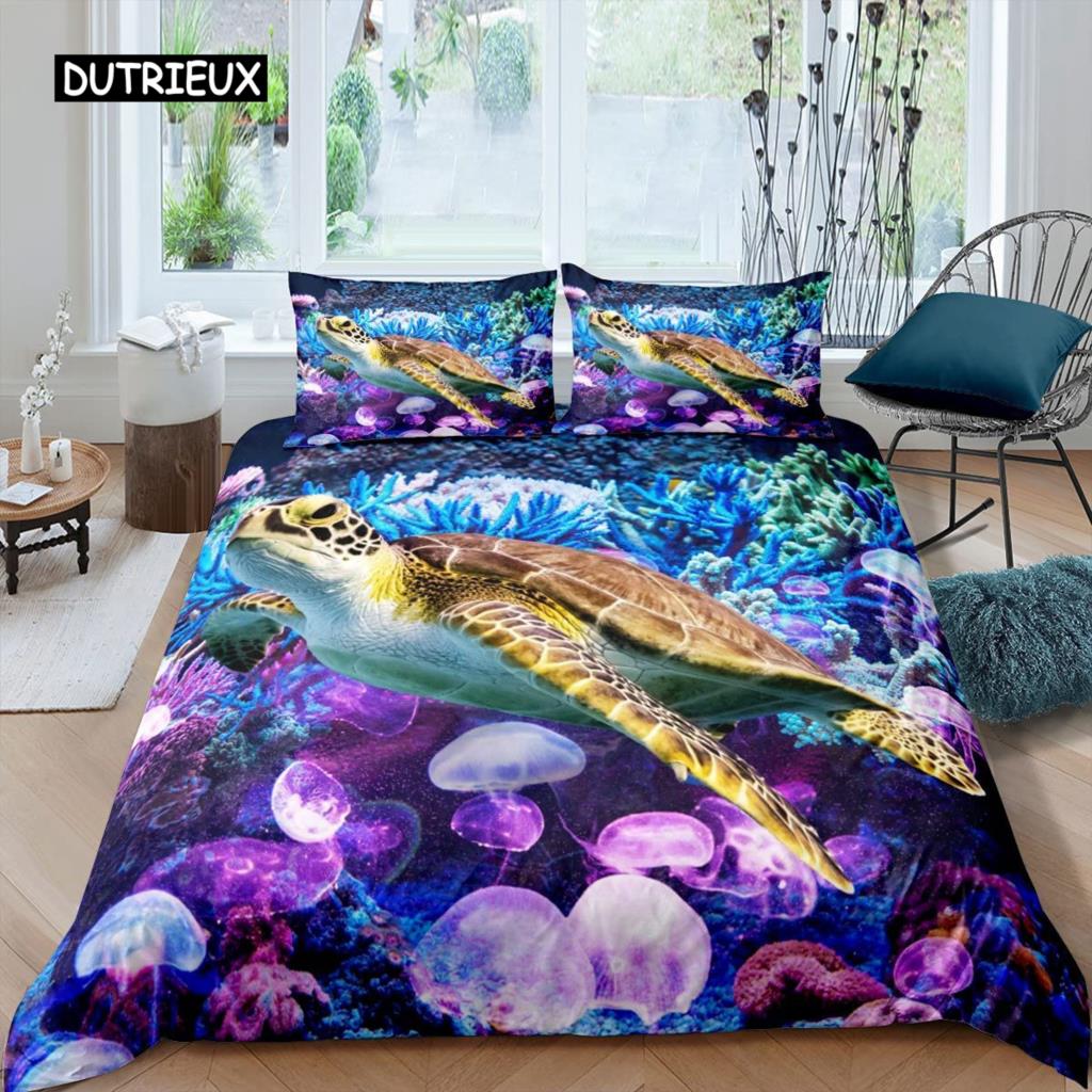 Sea Turtle Duvet Cover Sea Turtle Jellyfish Coral Reef Bedding Set Microfiber Blue Ocean Underwater World Queen King Quilt Cover