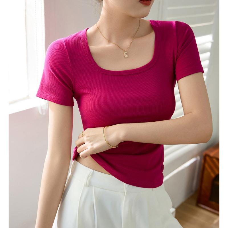 High Spring Thread Cotton Summer Dress New T-shirt Women Short-sleeved Top Square Collar Bottom Shirt