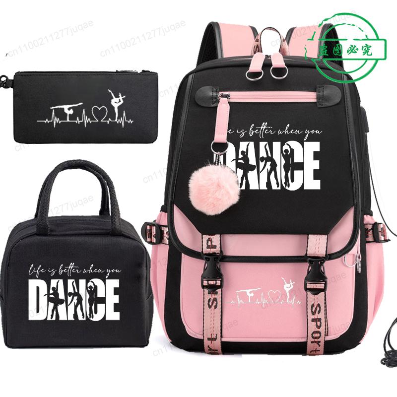 3pcs Dance Life Print Backpack Lunch