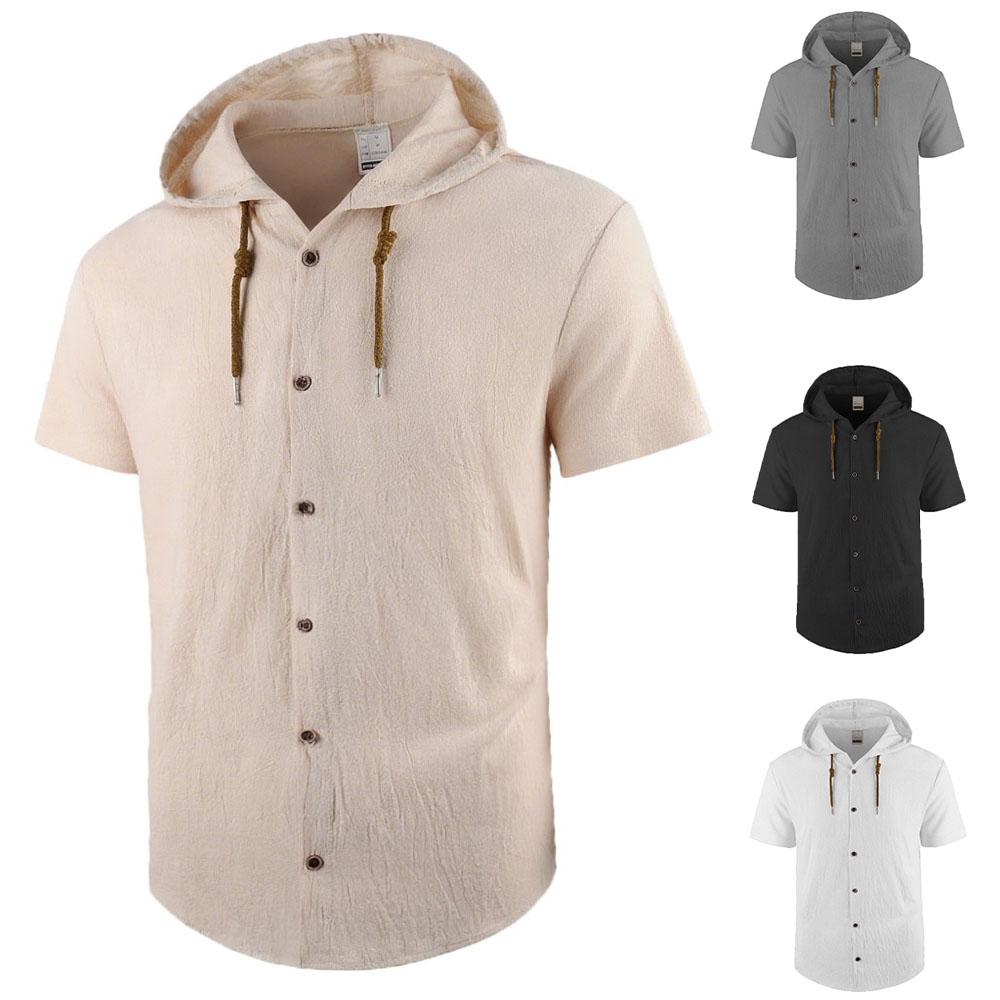 Men's Cotton Linen Shirt Hooded Stylish Top Breathable Lightweight Simple Style Claasic Shirts Single Breasted Male Fashion Tees