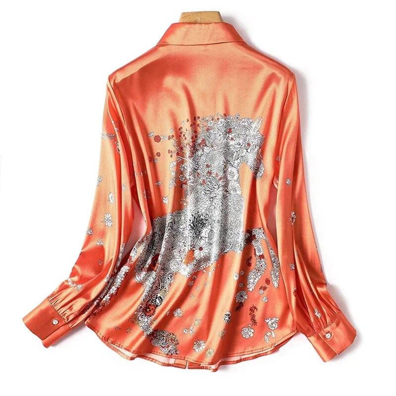 2023 Autumn Long Sleeve Lapel Printed Blouse Simple Elegant Women Silk Shirt Loose Button Fashion Casual Office Women Tops 29966