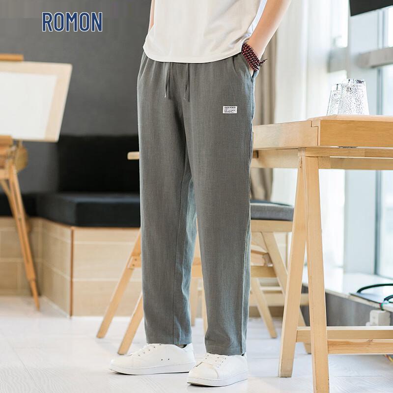 ROMON Men's Summer Loose Fit Cotton Linen Cropped Harem Pants