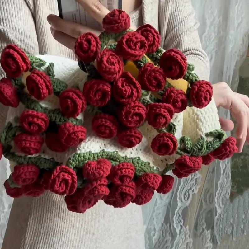 Handmade Pack Crocheted Blanket Acrylic Fiber Rose Bouquet Blanket Change Bouquet Creative Quilt Cover Diameter80/110/160cm