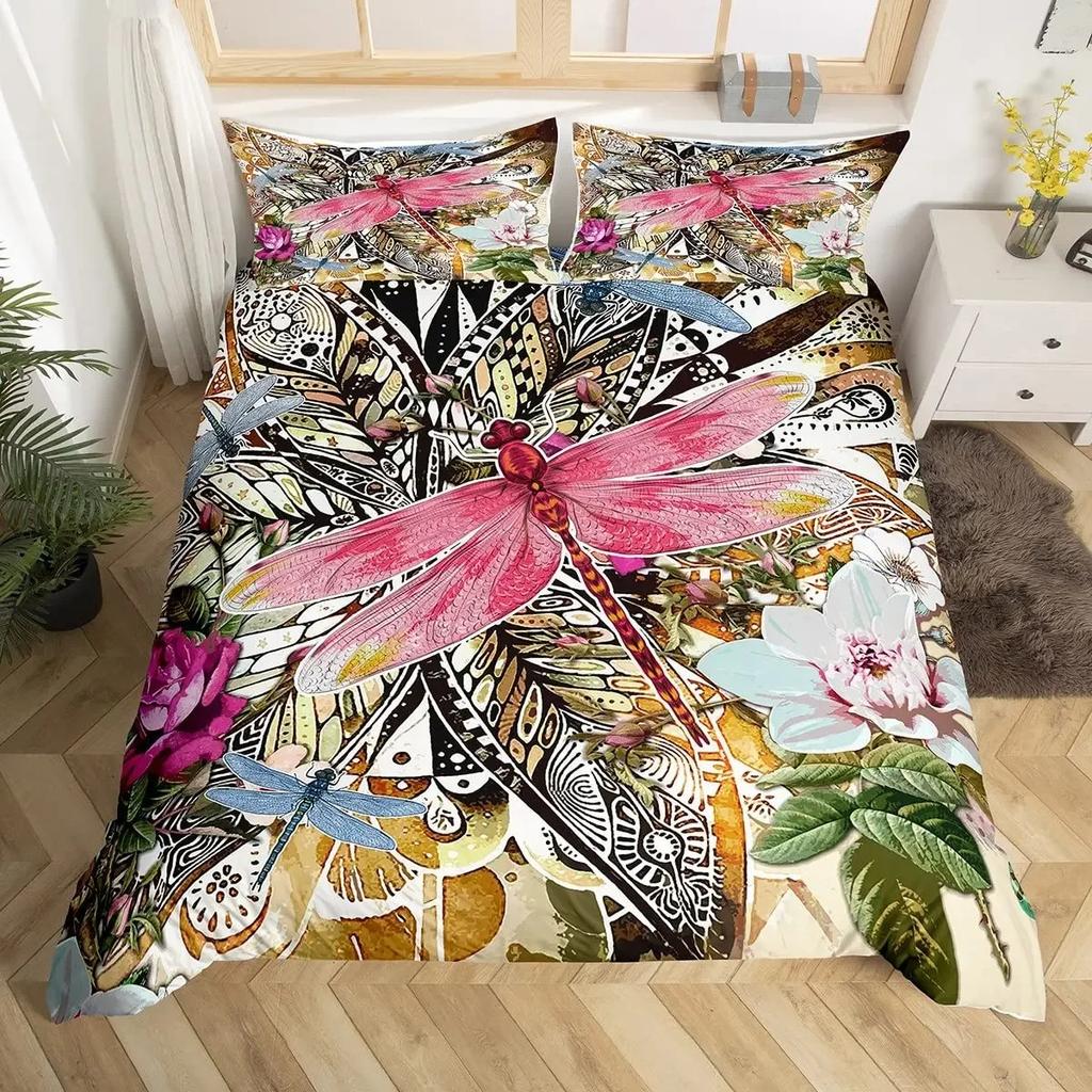 Boho Dragonfly King Queen Duvet Cover Cute Flower Love Heart Bedding Set Watercolor Floral Rustic Style Polyester Quilt Cover
