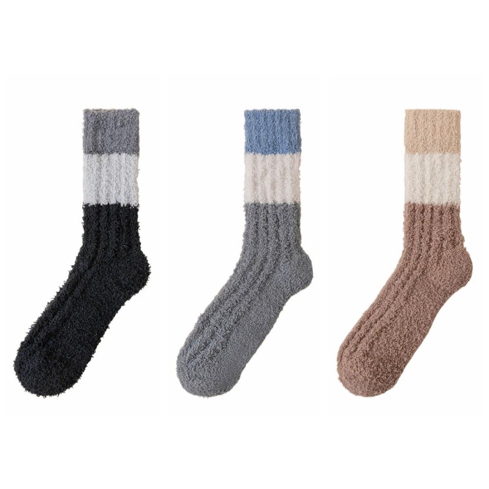 

3Pairs Winter Coral Fleece Socks Stripe Mid Tube Socks Women Solid Color Floor Plush Socks Winter Style A