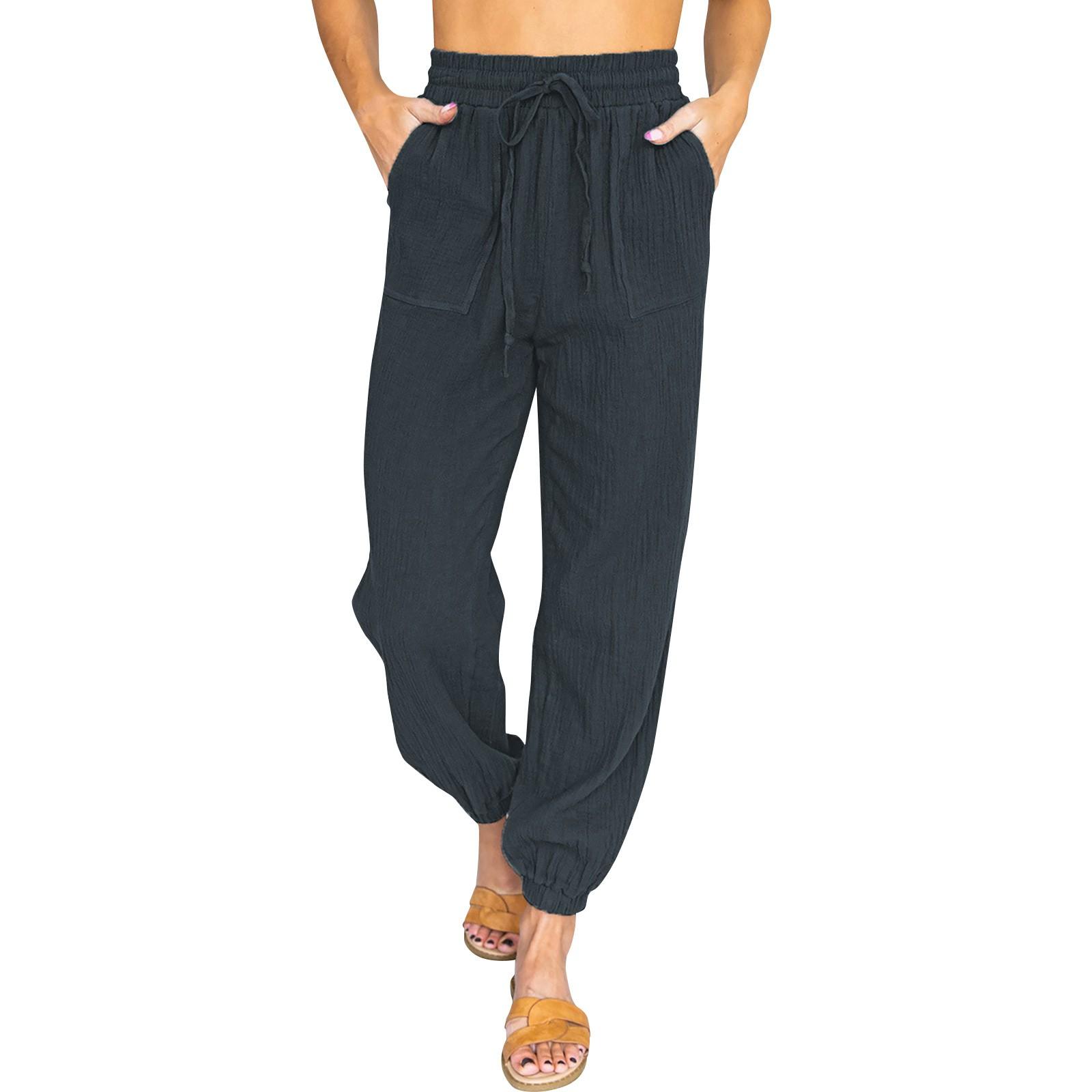 

Casual Pants Women s High Waist Tie Nine-Point Leggings L