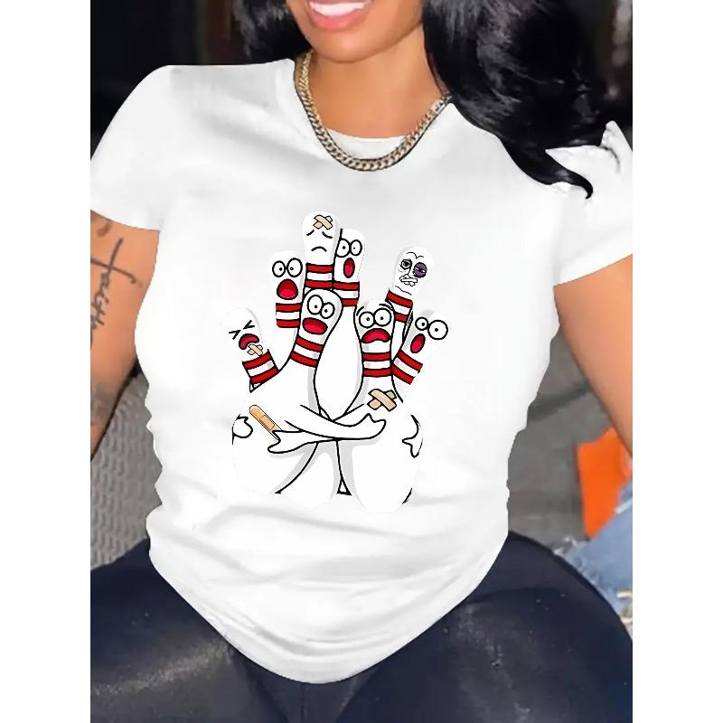 Women s Funny Bowling Graphic Print T-Shirt Short Sleeve Round Neck Casual Sports Top S белый