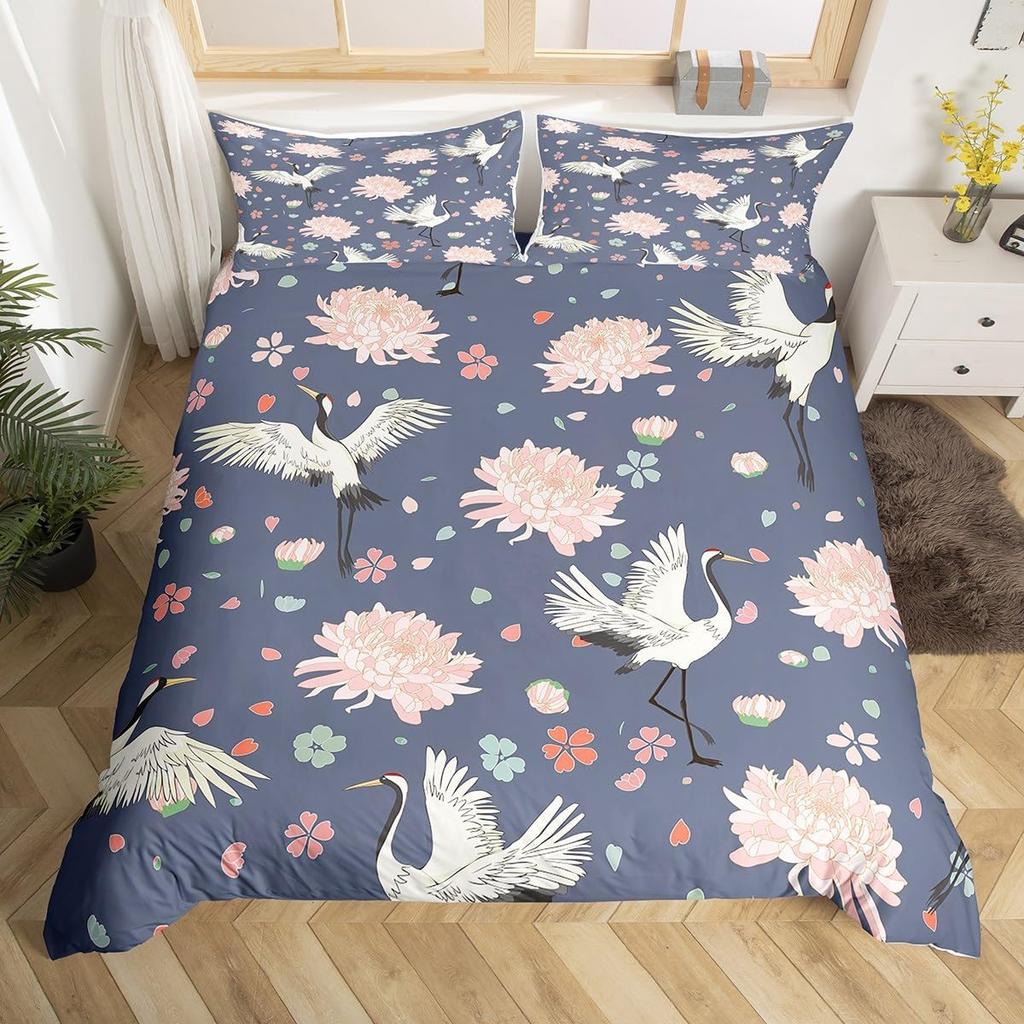 Crane Duvet Cover Twin King Traditional Chinese Style Painting Quilt Cover Chrysanthemum Flower Floral Bedding Set For Dorm Room