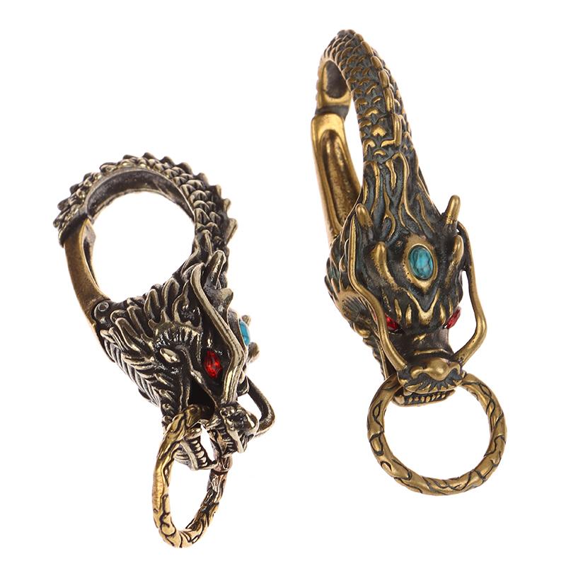 Pure Brass Red Eyes Dragon Head Keyrings Zodiac Dragon Keychain Vintage Muži Přezka v pase Přívěsek na klíče od auta Přívěsek na klíče Dárky Řemesla