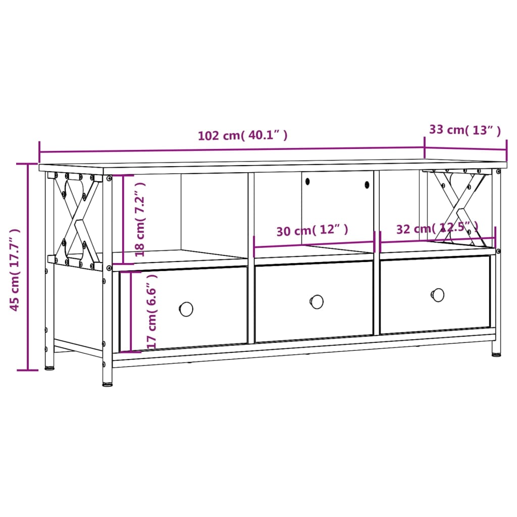 TV Stand in Brown Oak Look 102 x 33 x 45 cm Particleboard & Iron
