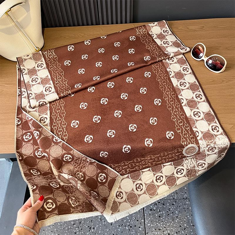 

Imitation cashmere scarf girl style simple camellia printing double-sided soft breathable advanced sense 185cm
