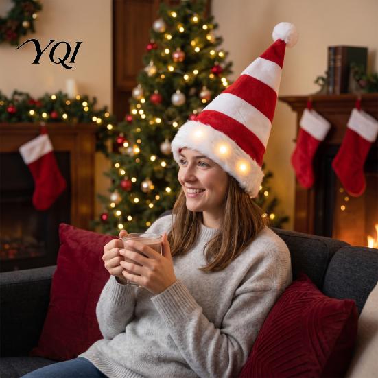 Christmas Hat with Lights Light Up Tree Hat, Striped Plush LED Party Eye Catching Stage Performance Fur Trim, Holiday Cosplay Costume Accessory