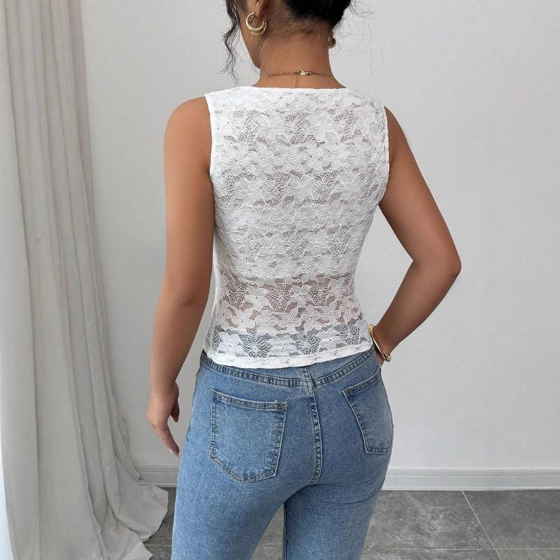 Women Sexy Lace V Neck Slim Fit Sleeveless Top Summer