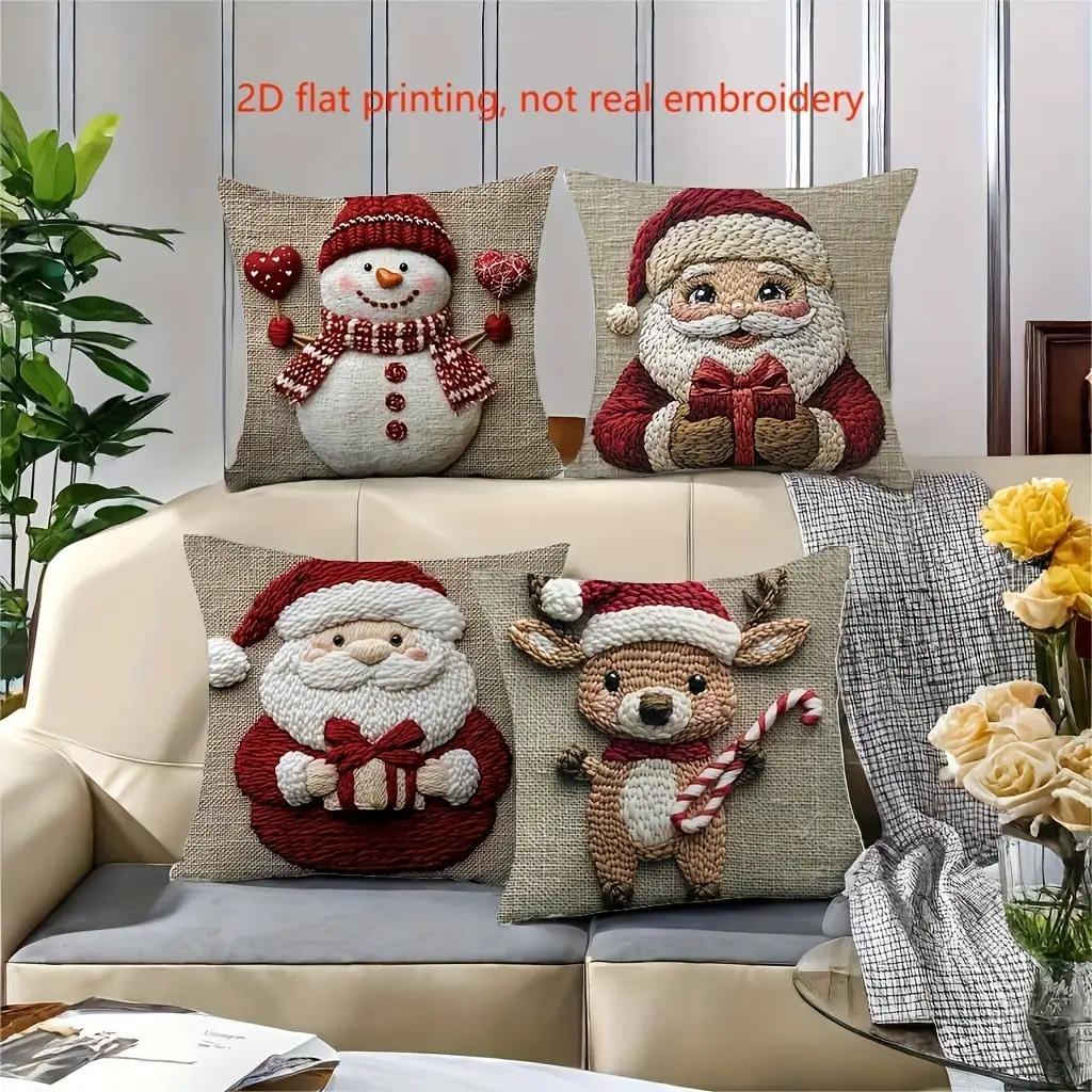 Christmas Style Pillowcase Embroidered with Snowman, Santa Claus, and Reindeer New Year Home Decoration 2d Flat Printing