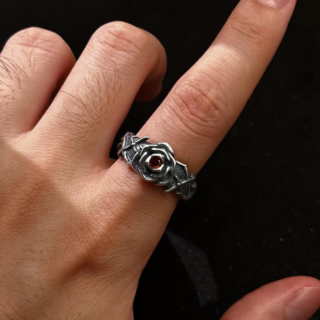 Retro Eeuwige Ranken & Rood Hart Roos Verstelbare Open Ring Voor Mannen Zilverkleurig Koper Punk Gotisch Edgy Sieraden Accessoires Cadeau