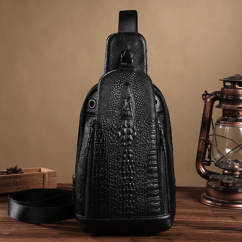 Genuine Leather Men's Chest Bag Korean Version Casual Top Layer Cowhide Crocodile Pattern Men's Crossbody Bag